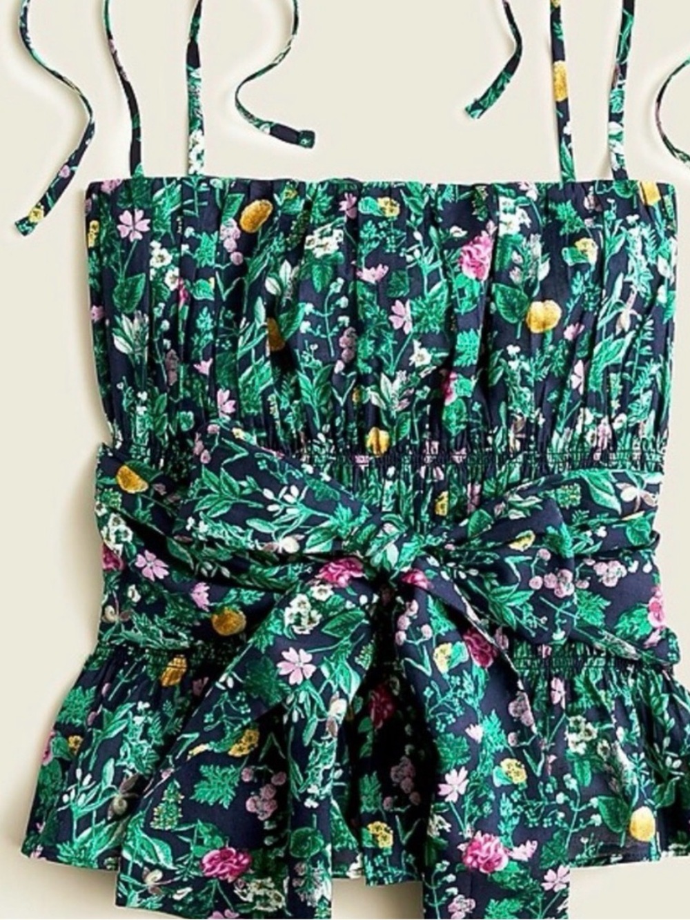 J. Crew Navy Floral Smocked Tie-Waist Tank Top